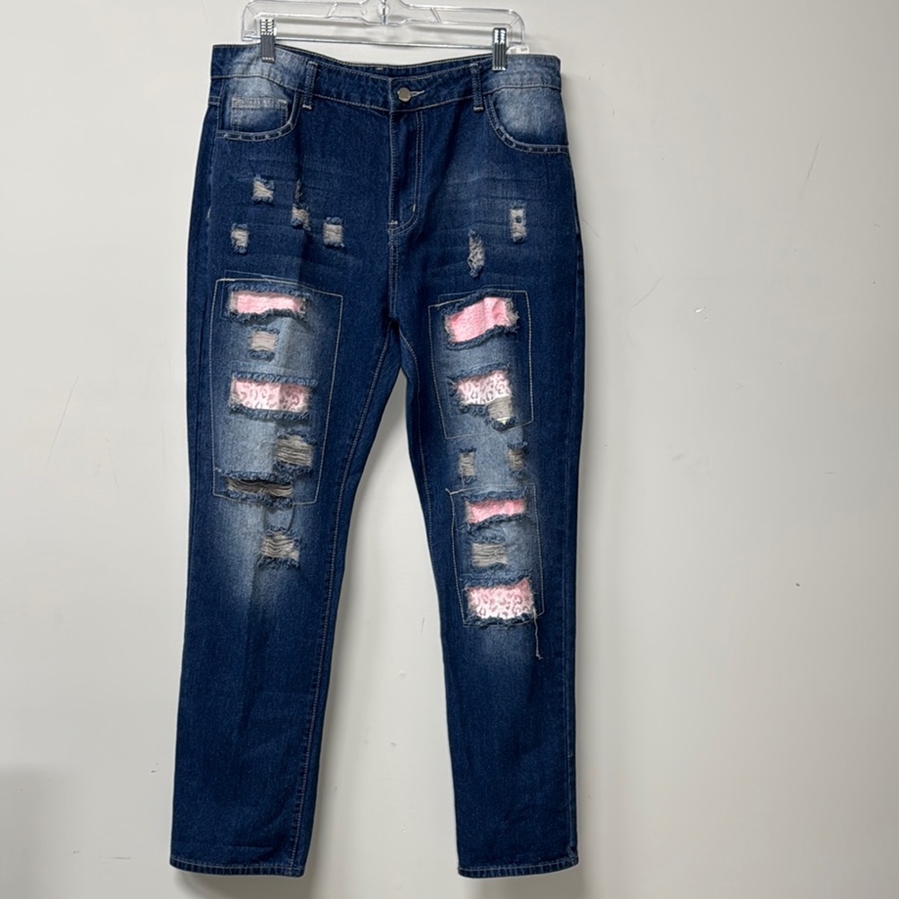 Distressed Blue Jeans Pink Patch Accents Size 2XL Plus